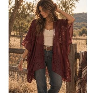 Beautiful Stories Anthropologie Kimono OS Burgundy Sheer Eyelet Flowy Ethereal